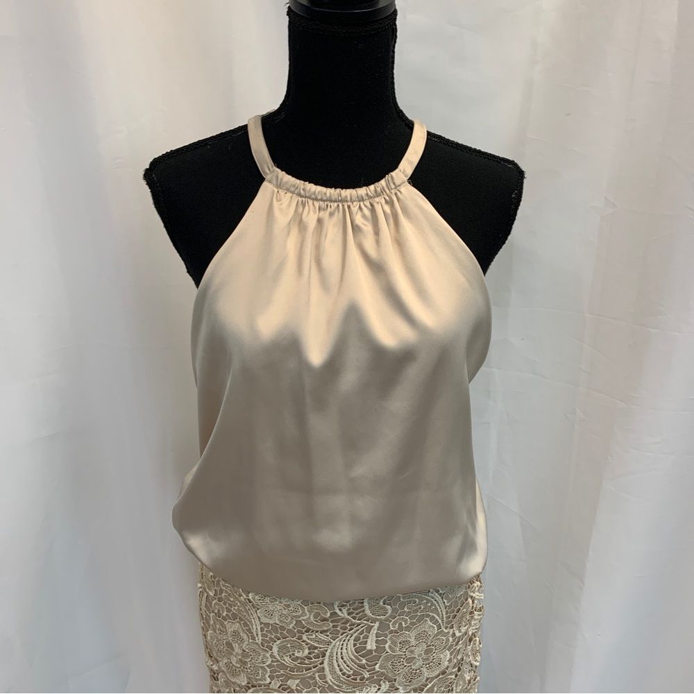 Adrianna Papell evening cream satin crochet lace halter dress Sz 6 - Picture 2 of 12